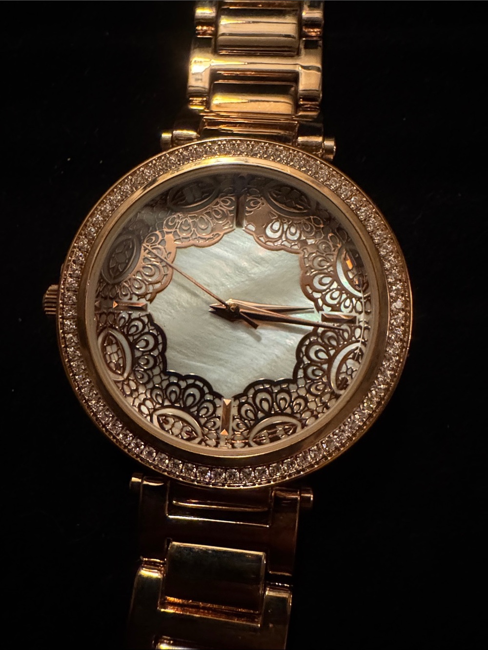 NWT DQ CZ Women's Rose Gold Filigree look Dial Bracelet Watch